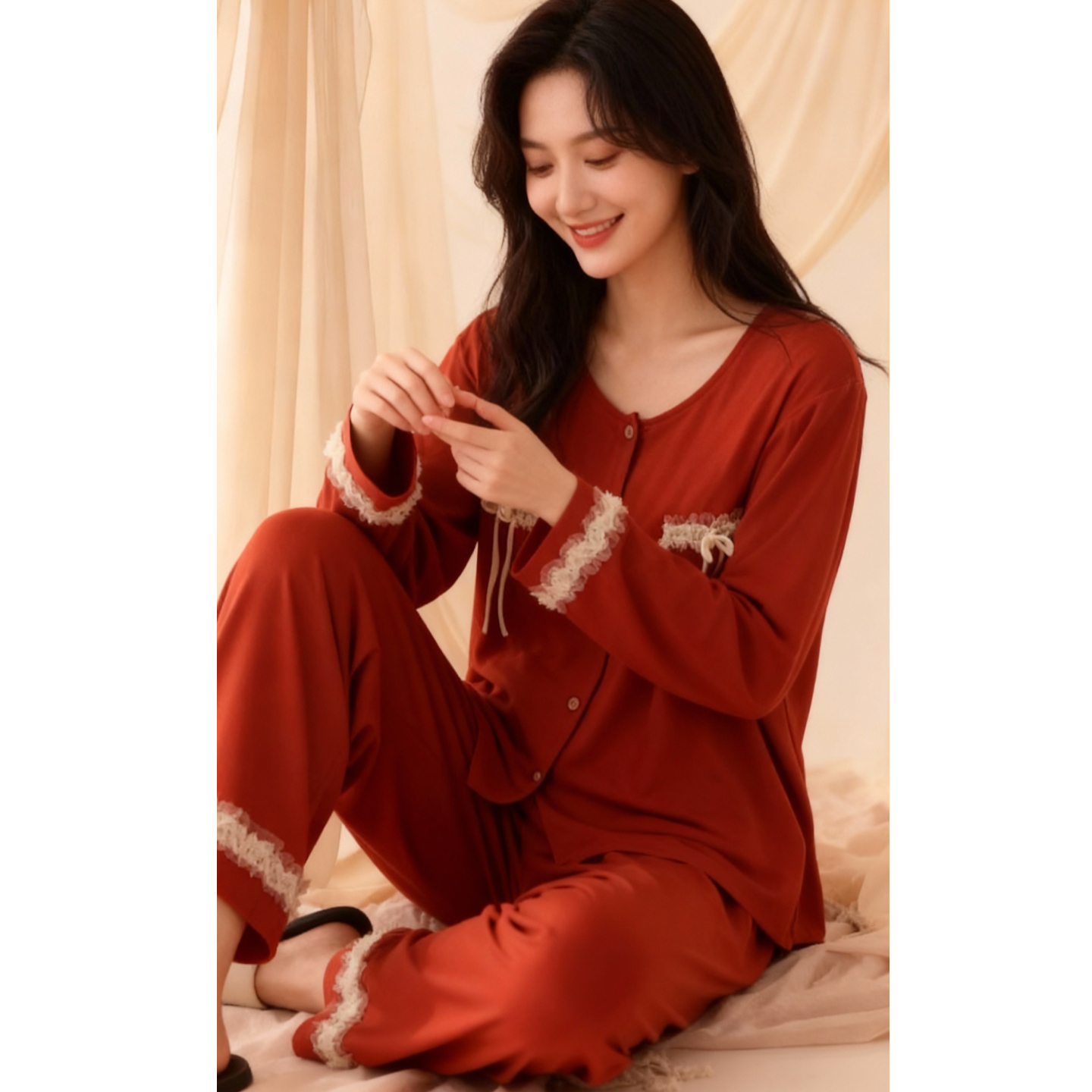 冬季加厚睡衣女新款爆款高端保暖长袖长裤外穿家居服套装（枫叶红）