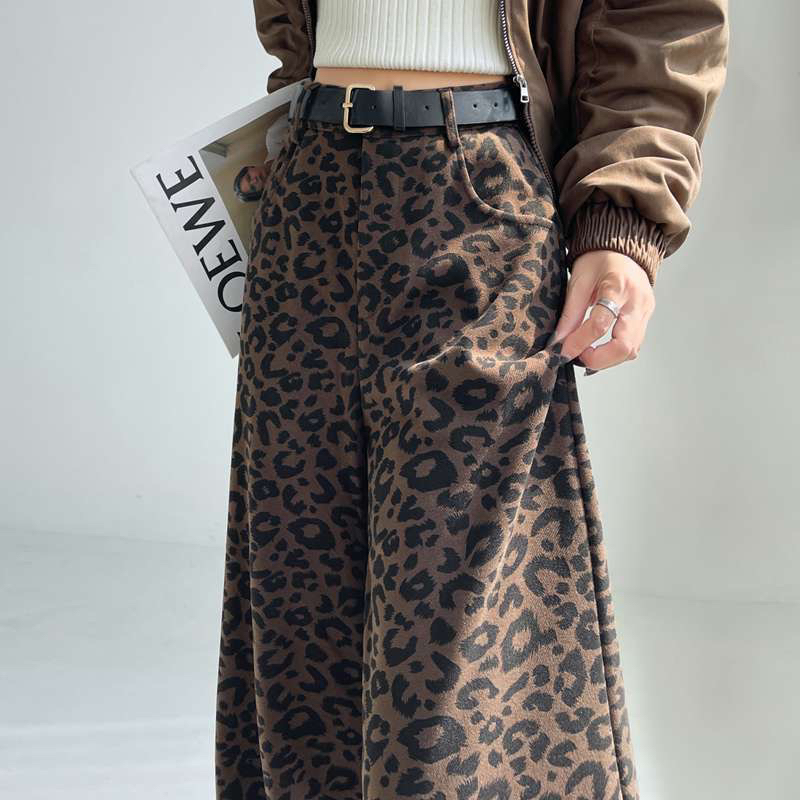 毛呢豹纹阔腿裤女秋冬美式高腰垂感显瘦休闲裤高级感直筒拖地长裤