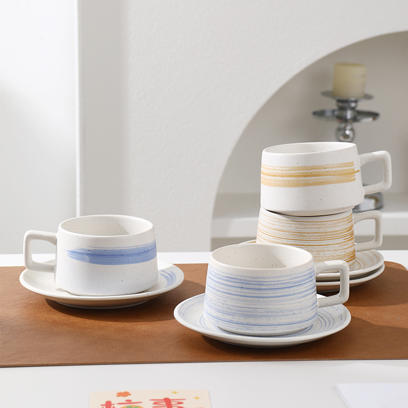 高级简约手绘条纹咖啡杯碟蓝色复古芝麻点咖啡杯喝水杯茶杯奶茶杯