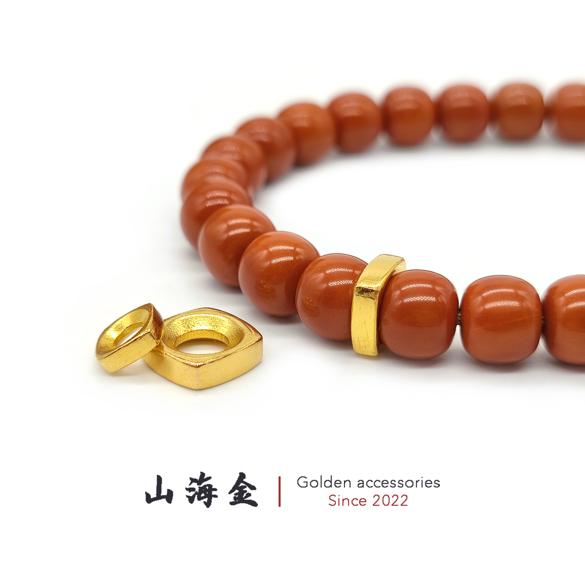 山海金 24K纯黄金999足金方形卡环卡扣隔片隔环文玩手串菩提配饰