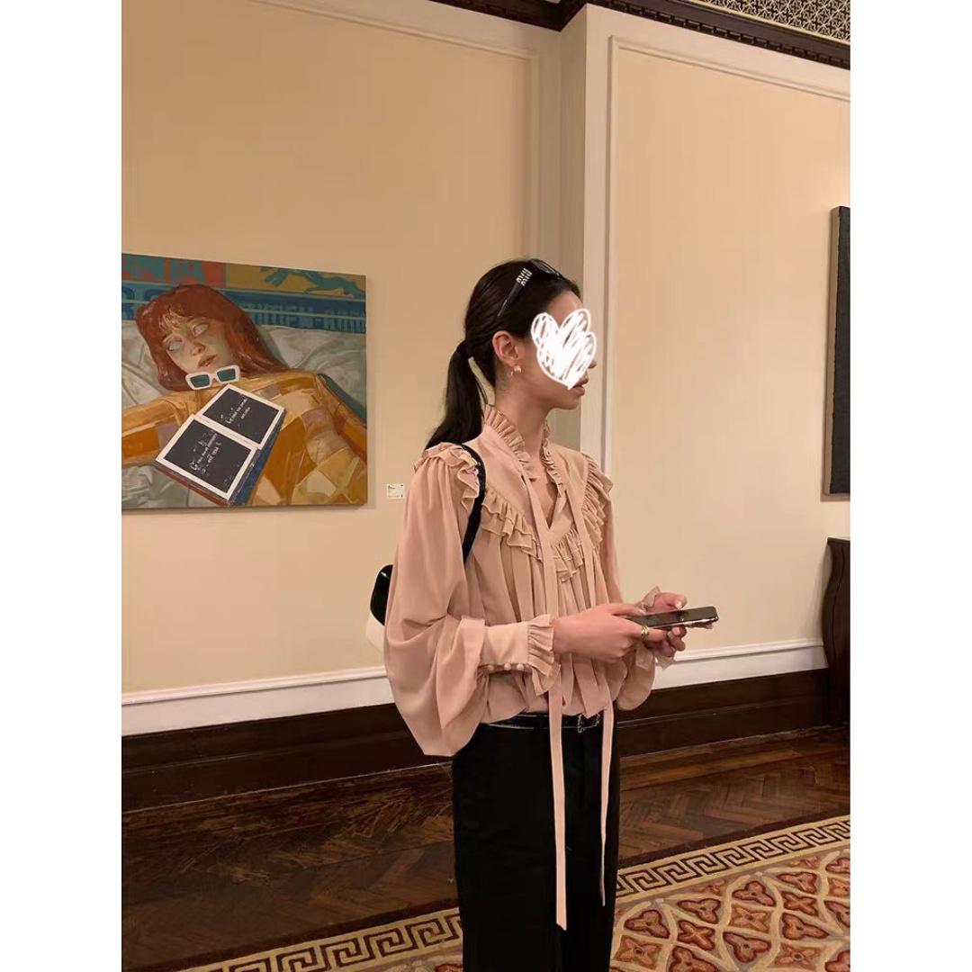 法式长袖雪纺衫女早秋新款丝带设计轻奢高级感通勤衬衣22566#