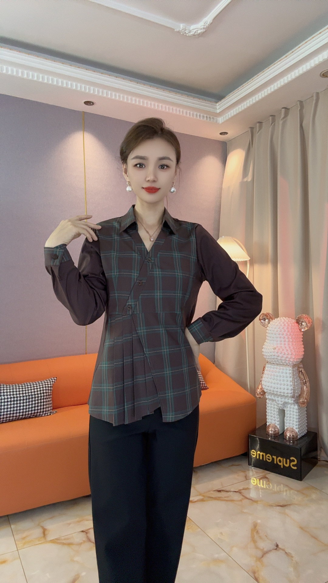 修身型翻领格子薄款长袖衬衫休闲外套百搭秋季格纹K5289