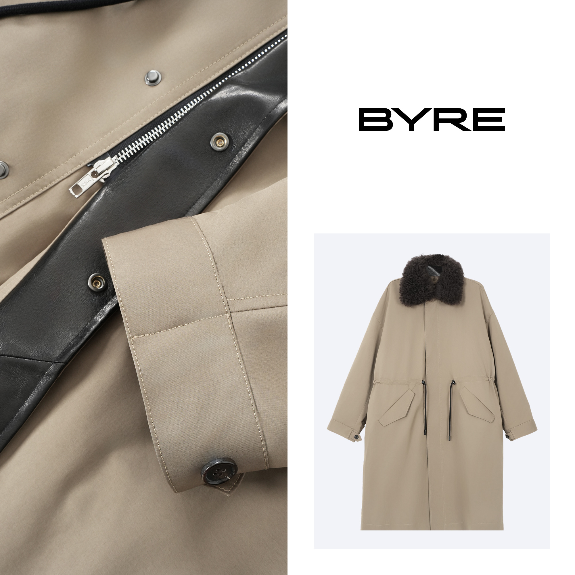 YS518 卡其色抽绳中长款鹅绒服【干洗】