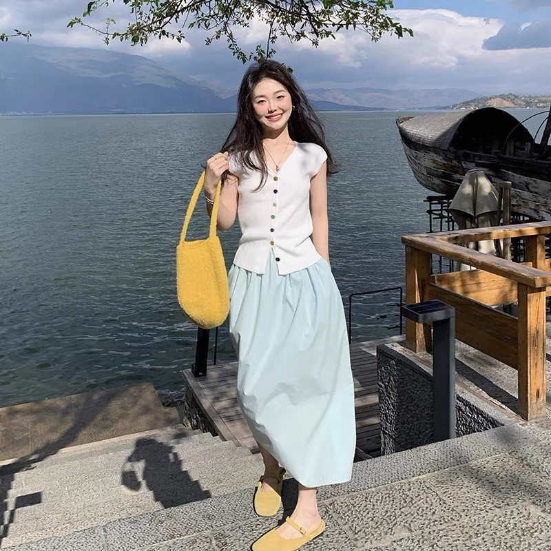 【米白色】3790彩扣超柔软新款高品质V领飞飞袖针织上衣