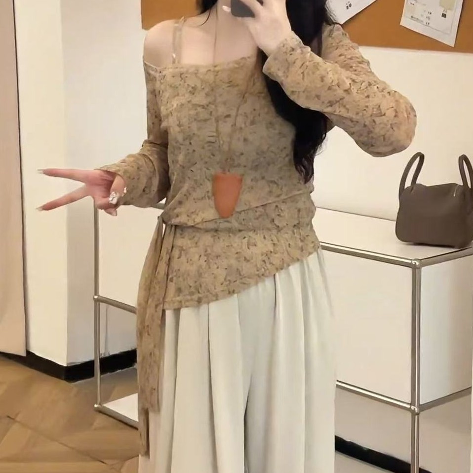 大码女装复古扎染吊带斜肩上衣早秋新款胖mm绑带掐腰巨显瘦打底衫