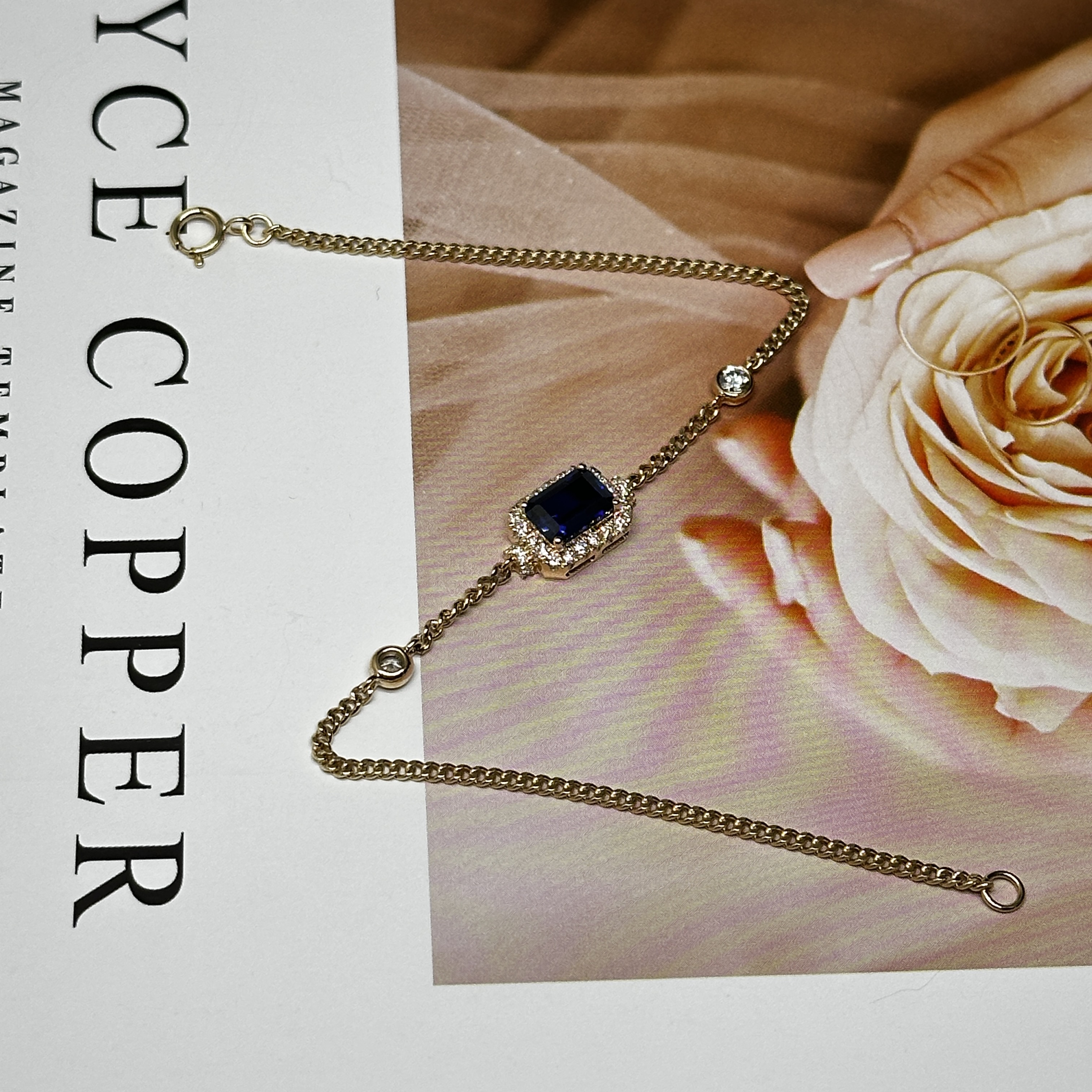 合成钻石18K蓝宝石手链复古简约手链女时尚K黄时尚轻奢