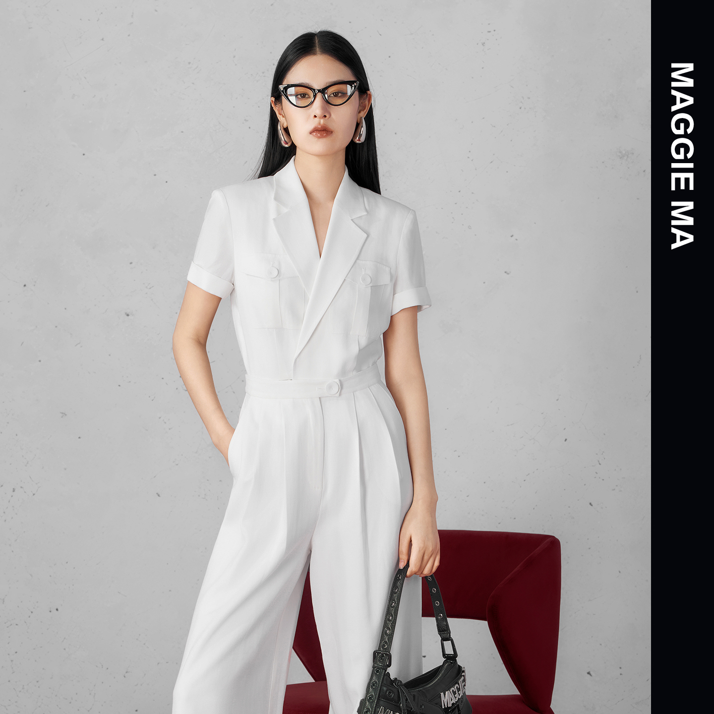 MAGGIEMA马婧设计师款女神范时尚气质高腰连体裤西装女套装324P