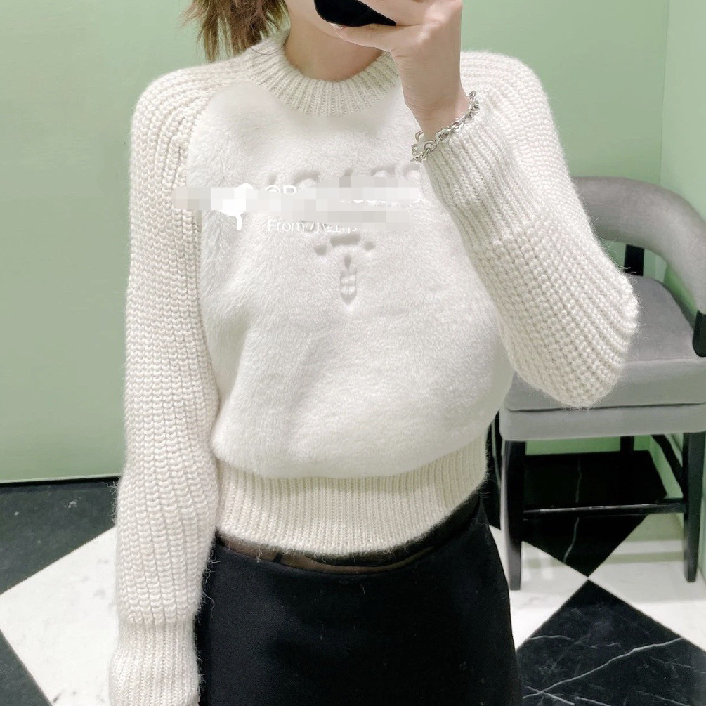 99新 Prada/普拉达 玄色 24FW拼接植绒logo毛衣 36码/99新