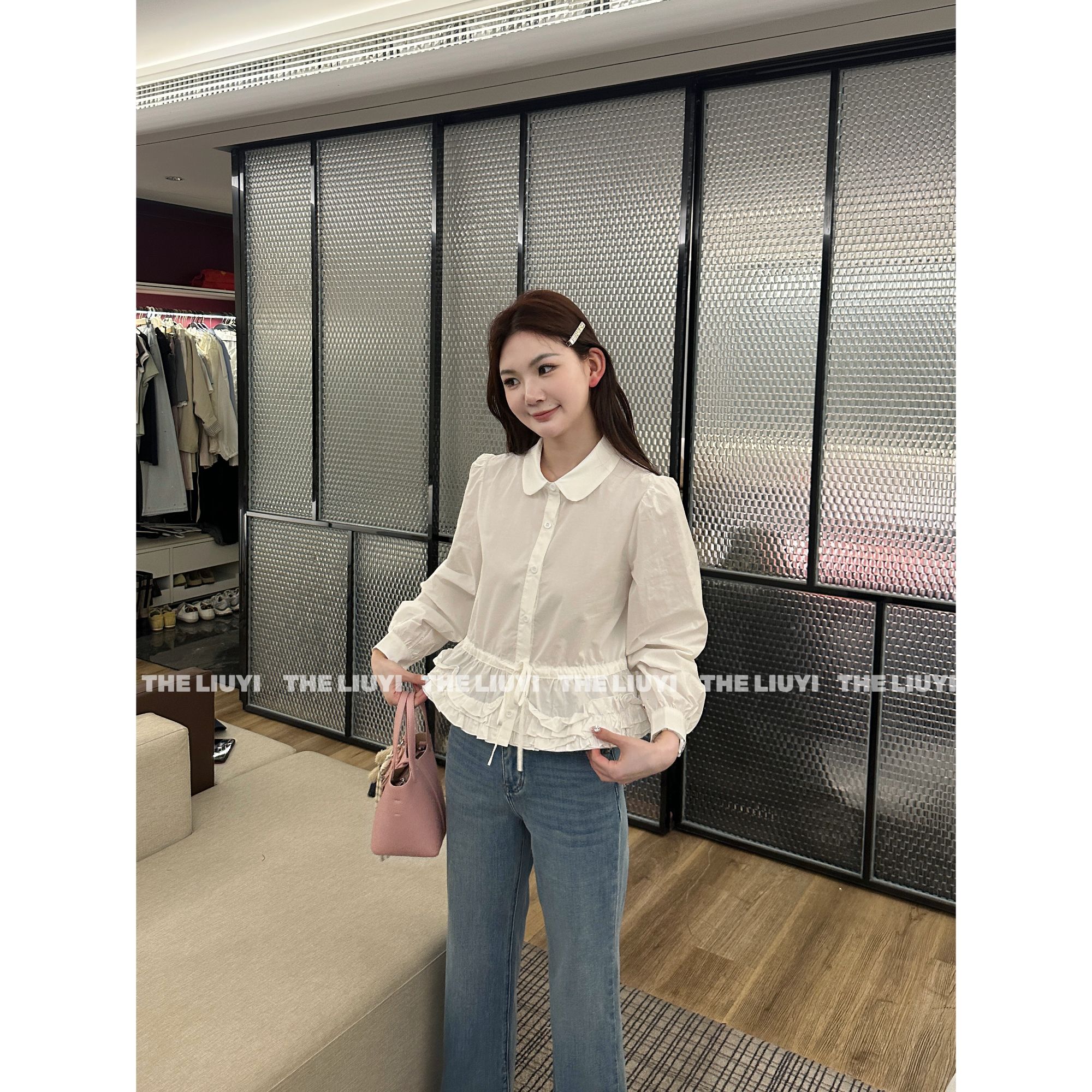 【LIUYI】花骨朵~春夏娃娃领花边下摆长袖衬衫53077