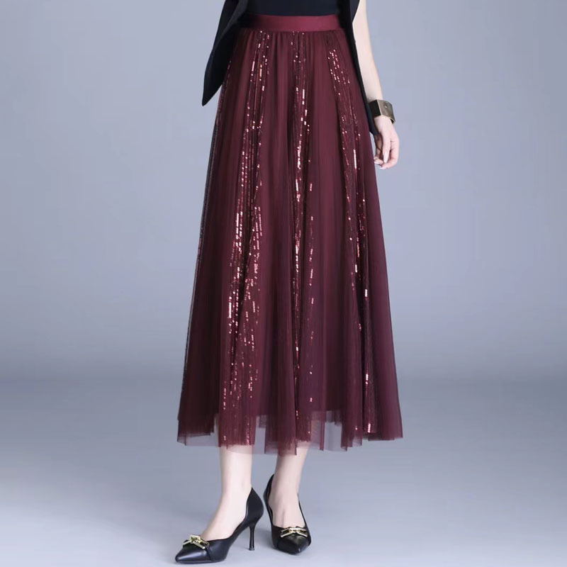 气质亮片网纱半身裙女2025春秋新款高腰显瘦a字大摆裙中长款裙子