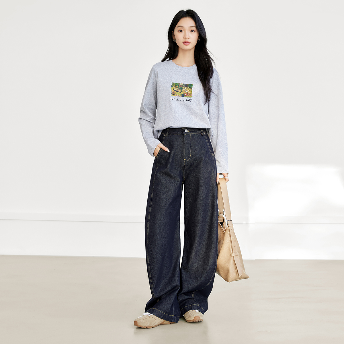 【女装优选WL】对白复古弯刀牛仔裤女2025高腰宽松阔腿萝卜裤FDU026