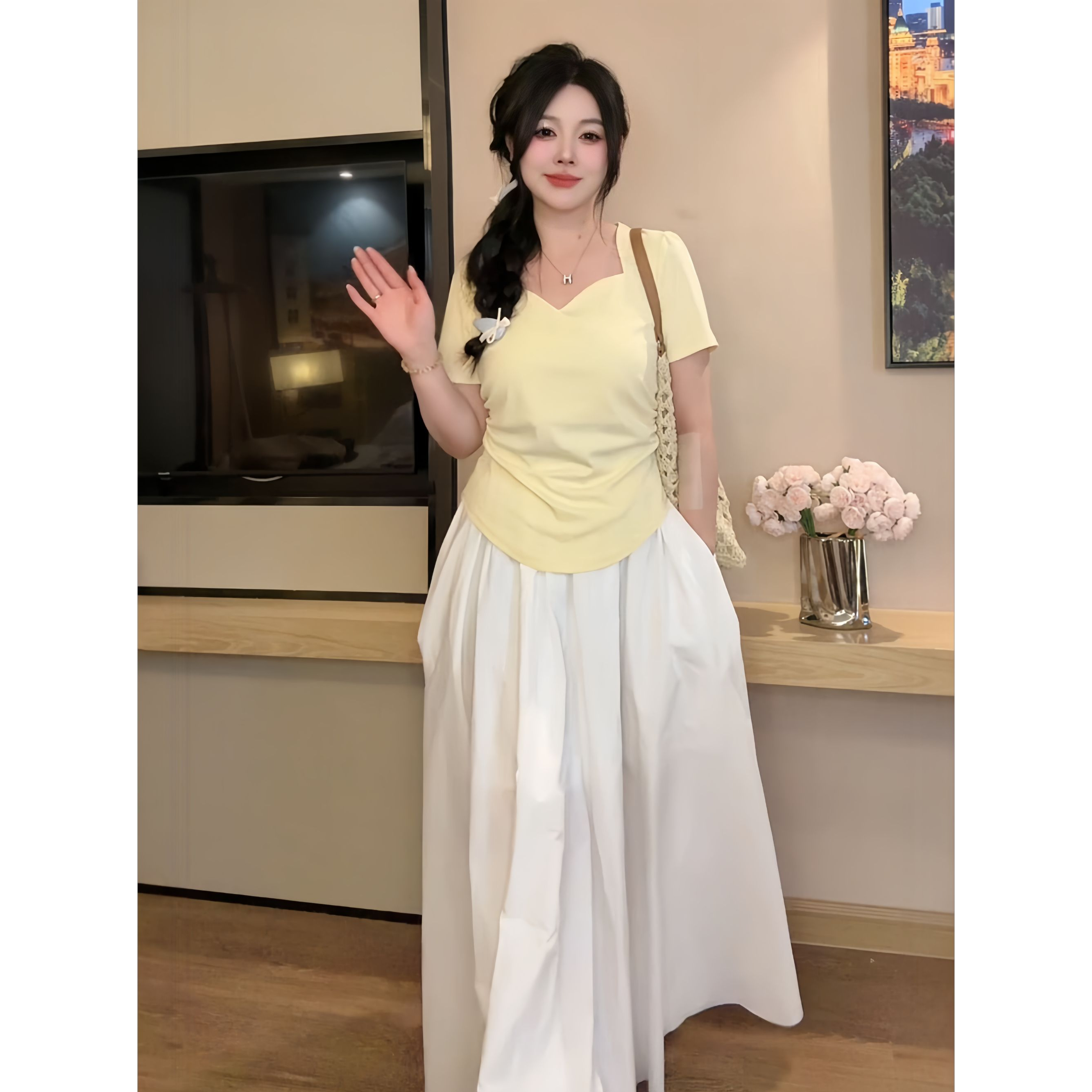【晶晶】大码胖mm设计感纯色褶皱长裙子标准显瘦遮肉拖地裙子