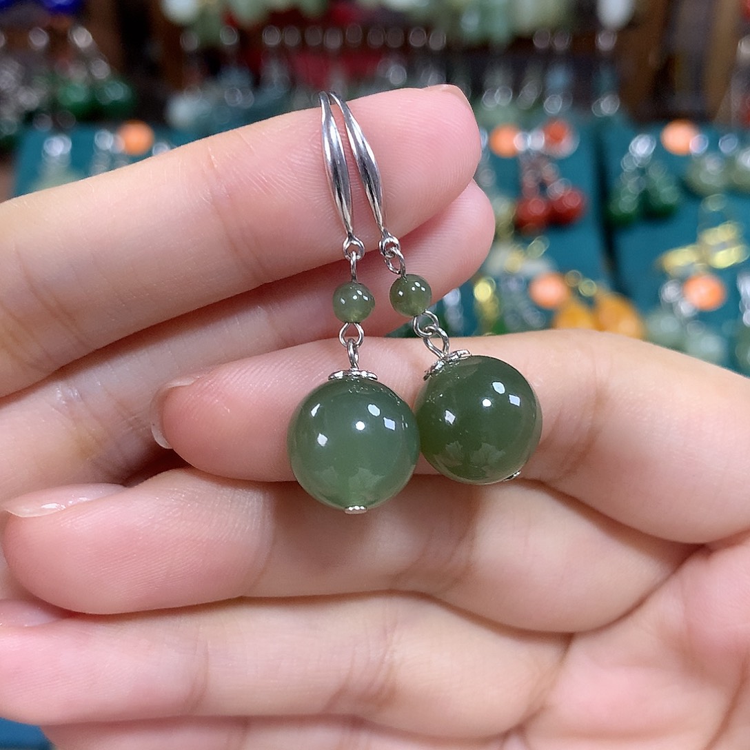 和田玉银S925镶嵌耳饰卡12mm左右 湖水绿