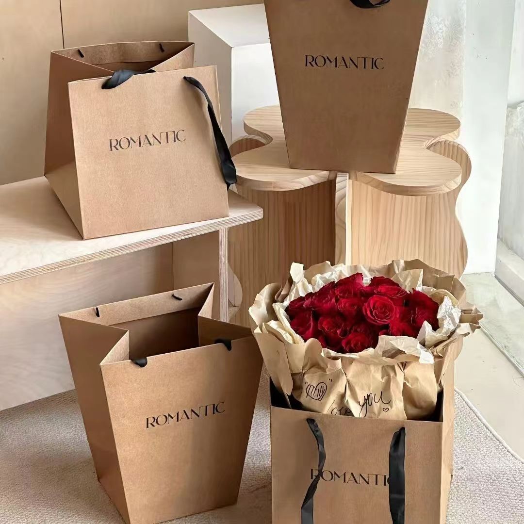 梯形简约牛皮纸手提袋鲜花花束包装方形礼品袋设计花店用品批发