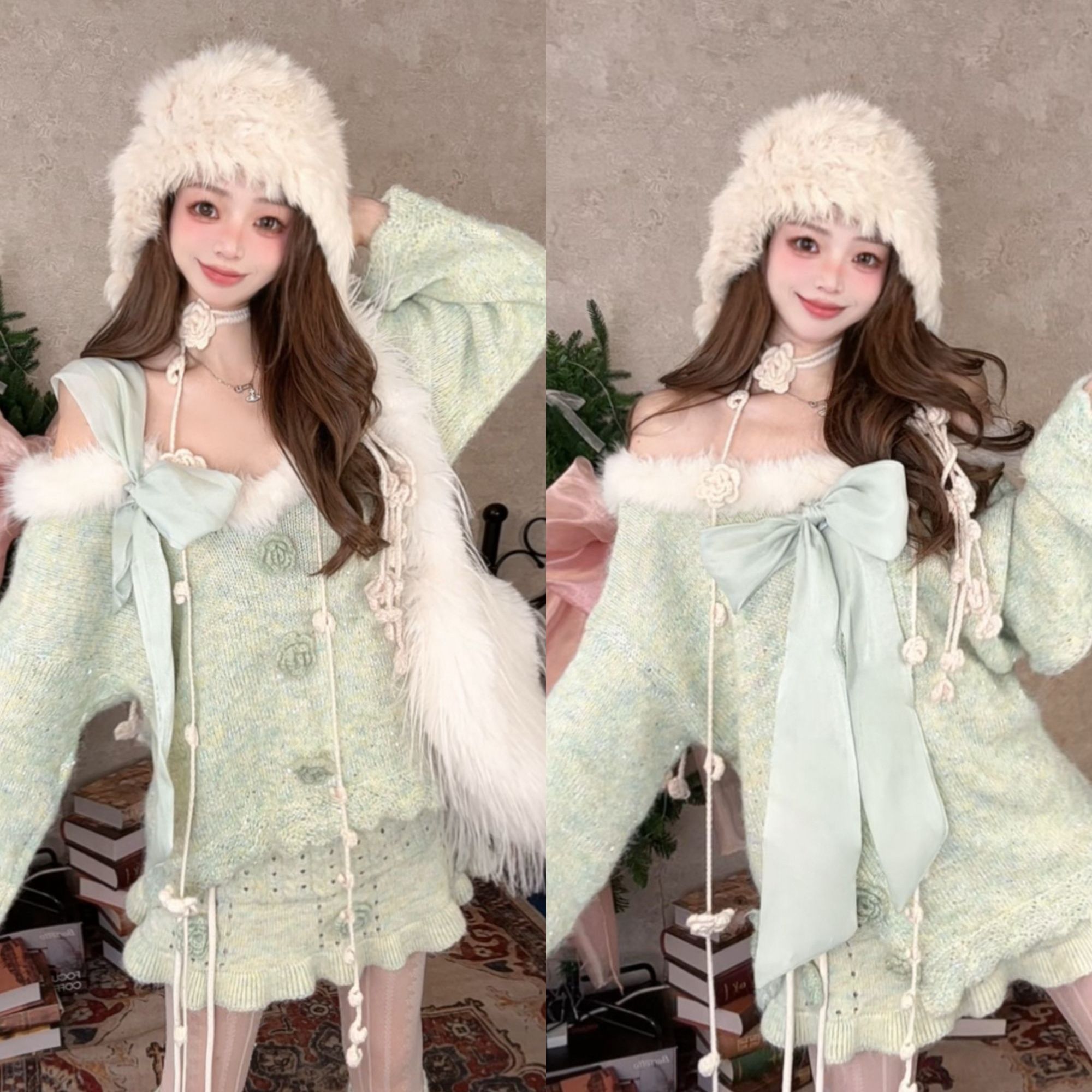 ｛春日和｝绿色一字肩毛衣女秋冬款上衣 玫瑰花宽松毛领设计感