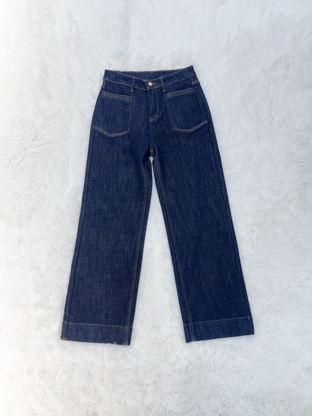 口袋款设计夹棉牛仔裤阔腿裤