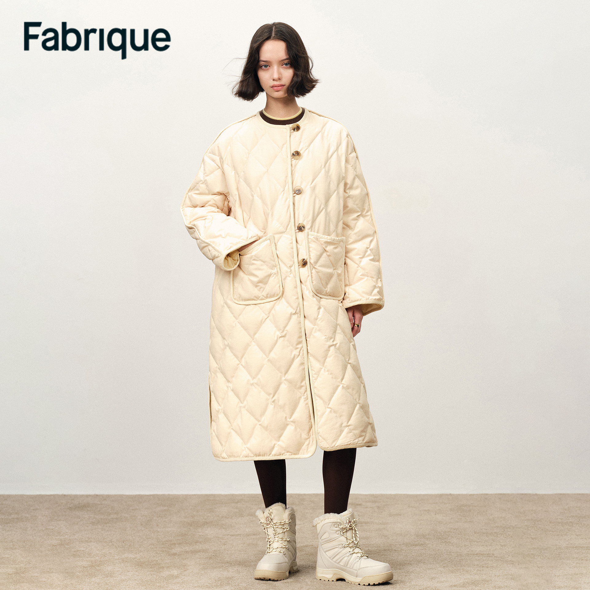 Fabrique Paisley秋冬新品象牙白棉混纺白鸭绒圆领长款轻薄羽绒服