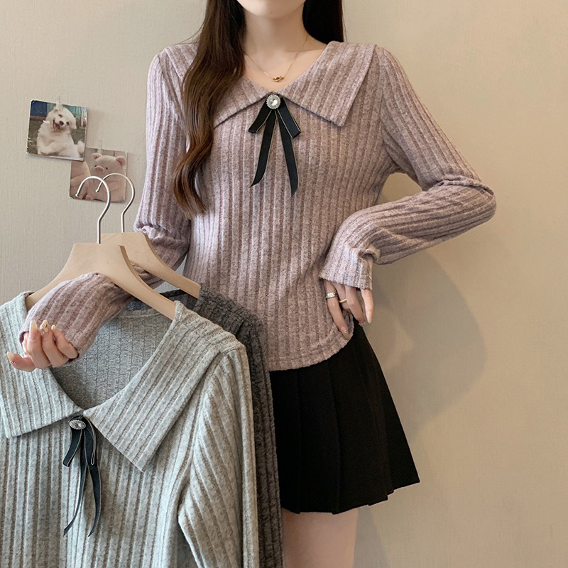 33255 现货春装新款大码女甜美娃娃领蝴蝶结针织长袖上衣