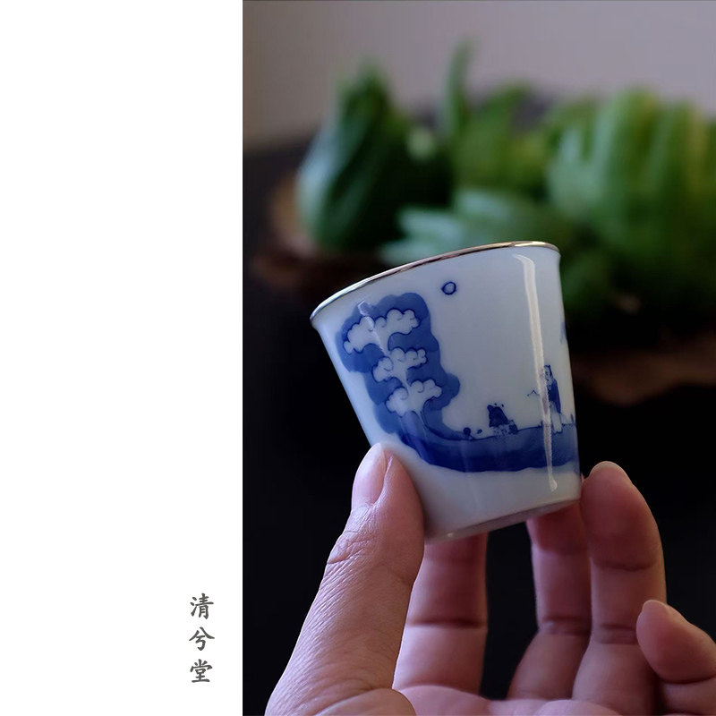 清兮堂柴窑手绘青花圈银主人杯清物珍藏系列容量50ml