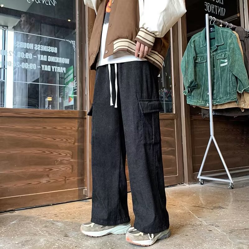 348-BY秋冬季加绒加厚灯芯绒休闲裤男潮牌宽松直筒百搭工装长裤子