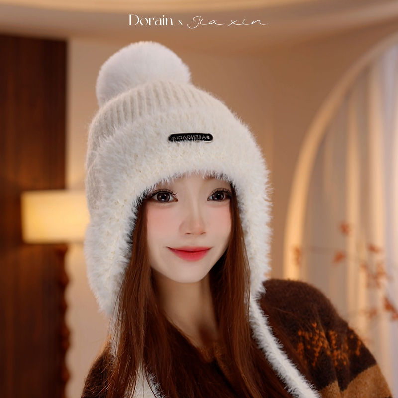 朵澜毛绒帽子女冬防寒保暖显脸小潮流甜美可爱加绒加厚护耳针织帽