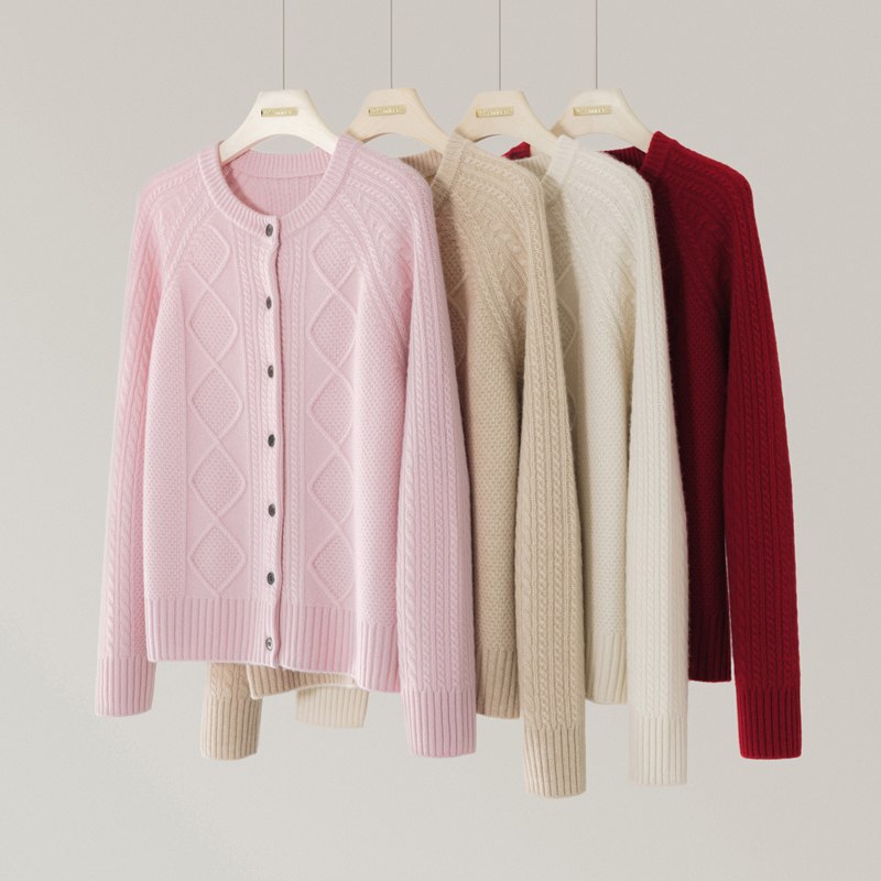 （99+1）Y5011羊绒圆领7针双股桂花针加厚麻花长袖开衫