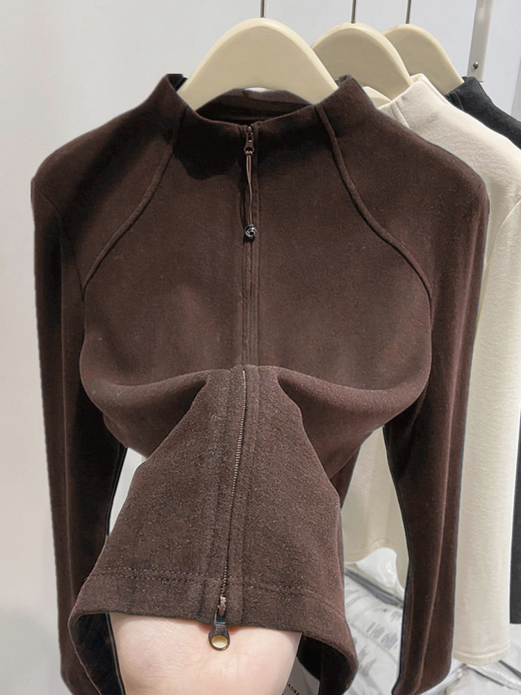 升级版~半高领德绒秋冬打底衫女新款双拉链开衫加厚外套修身卫衣