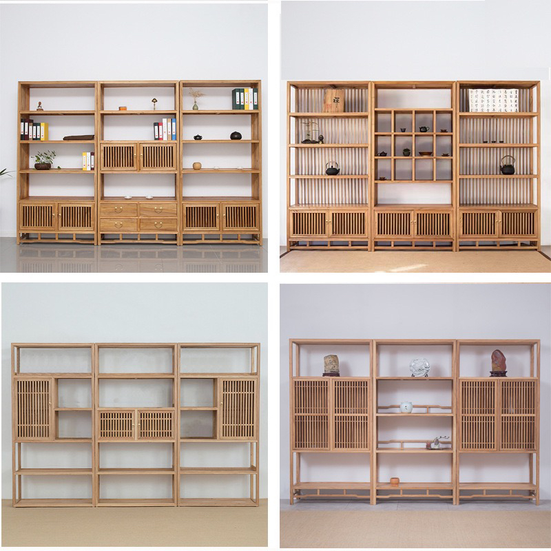 老榆木实木书柜 新中式茶叶展示架 禅意博古架 简约置物架展示柜