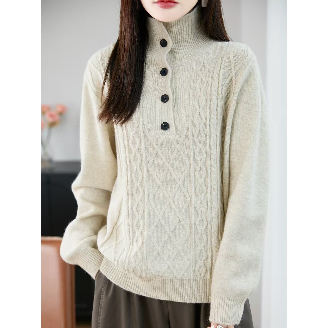 【梅姐专属】羊毛立领菱格麻花羊毛衫YM-QHNJRG-2130