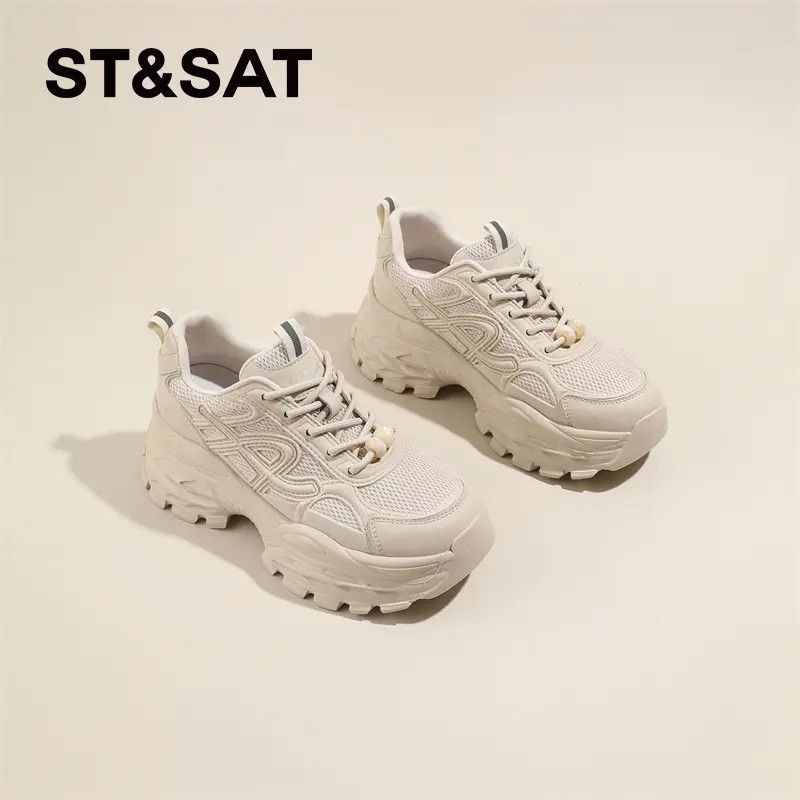 星期六真皮松糕小白鞋女鞋2026新款春季网面透气老爹鞋运动休闲鞋