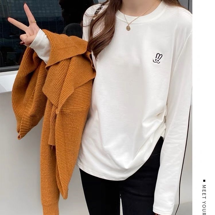 白色刺绣加绒加厚打底衫女内搭2025秋冬新款长袖T恤休闲百搭上衣