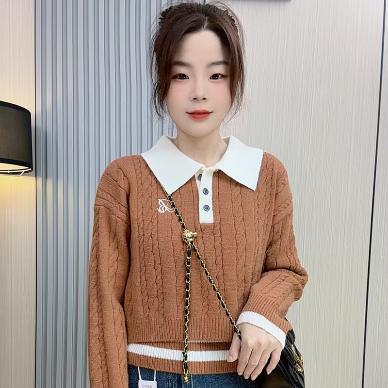 小个子定制针织翻领夏季韩系女秋季毛针织衫减龄套头假两件女装