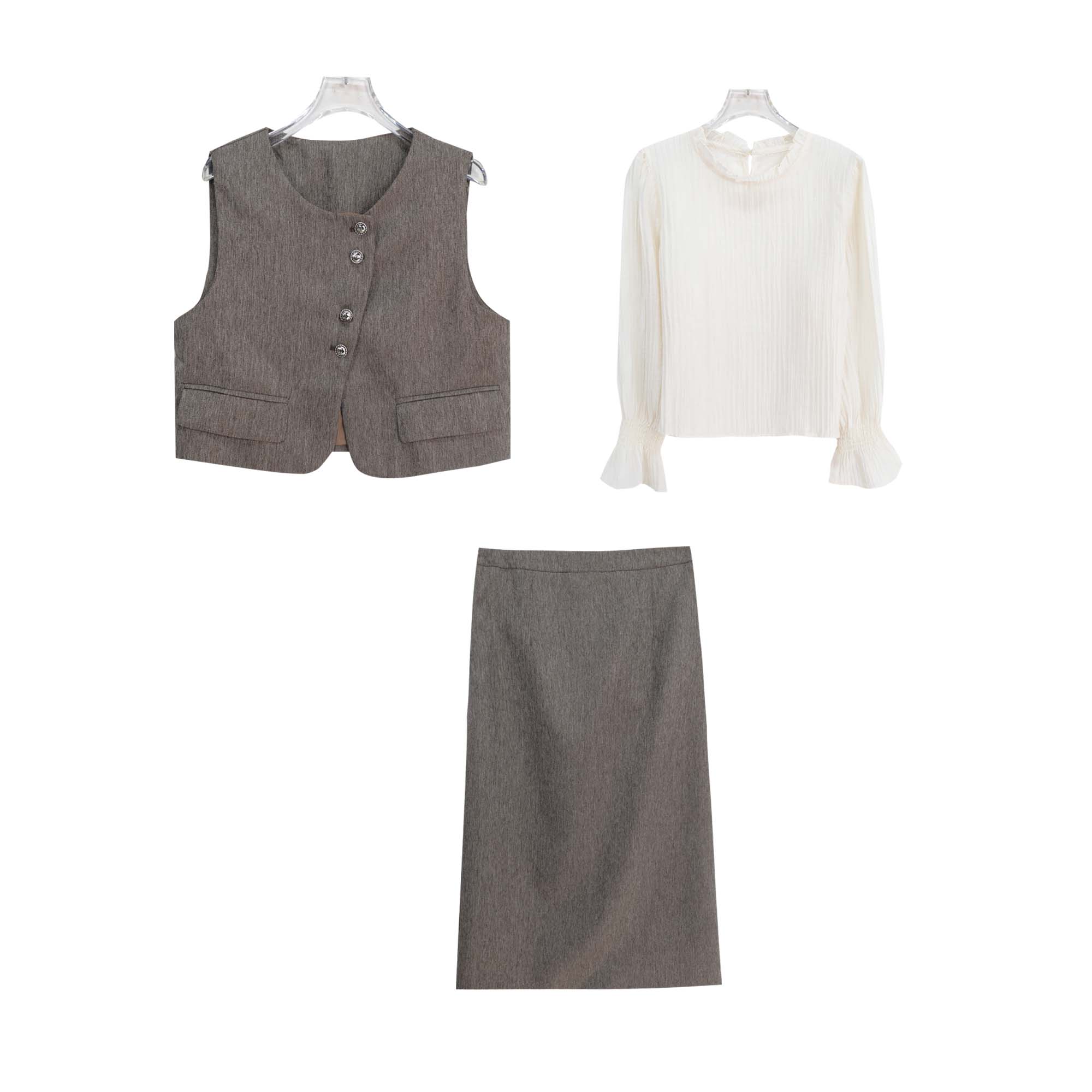 法式斜襟马甲温柔风衬衫高腰半身裙三件套S4392