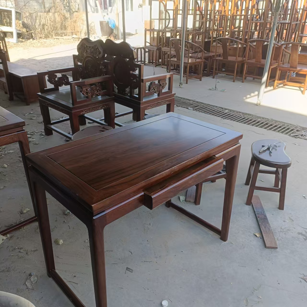 老榆木新中式学习桌实木书桌书房桌子阳台茶桌泡台带抽屉桌椅组合