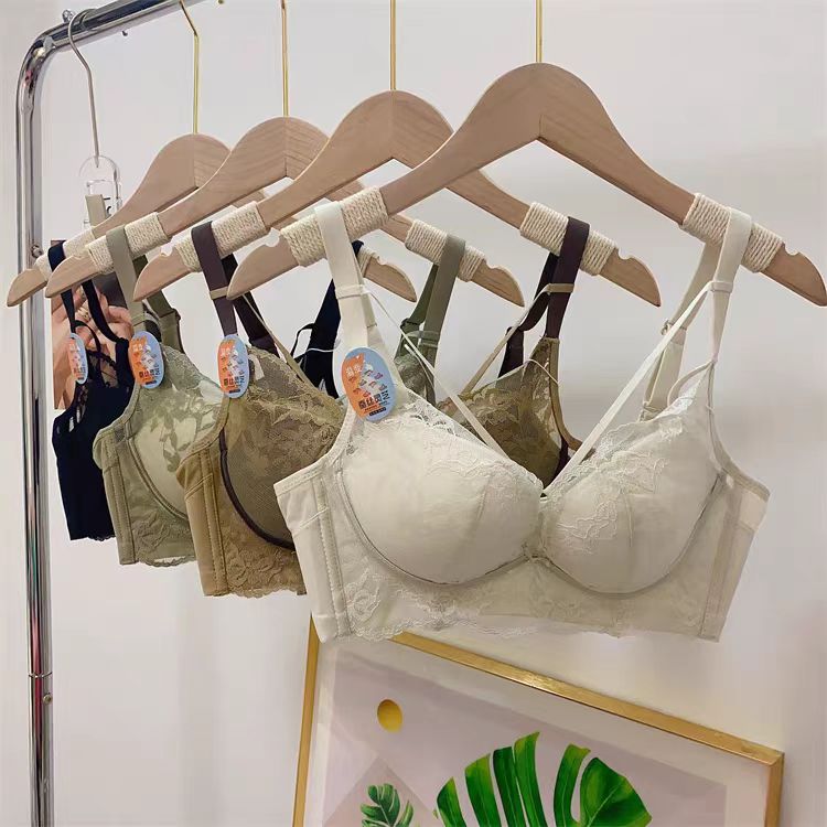 6099#蕾丝法式中厚小胸美背内衣女蚕丝温变无钢圈聚 拢文胸不退换