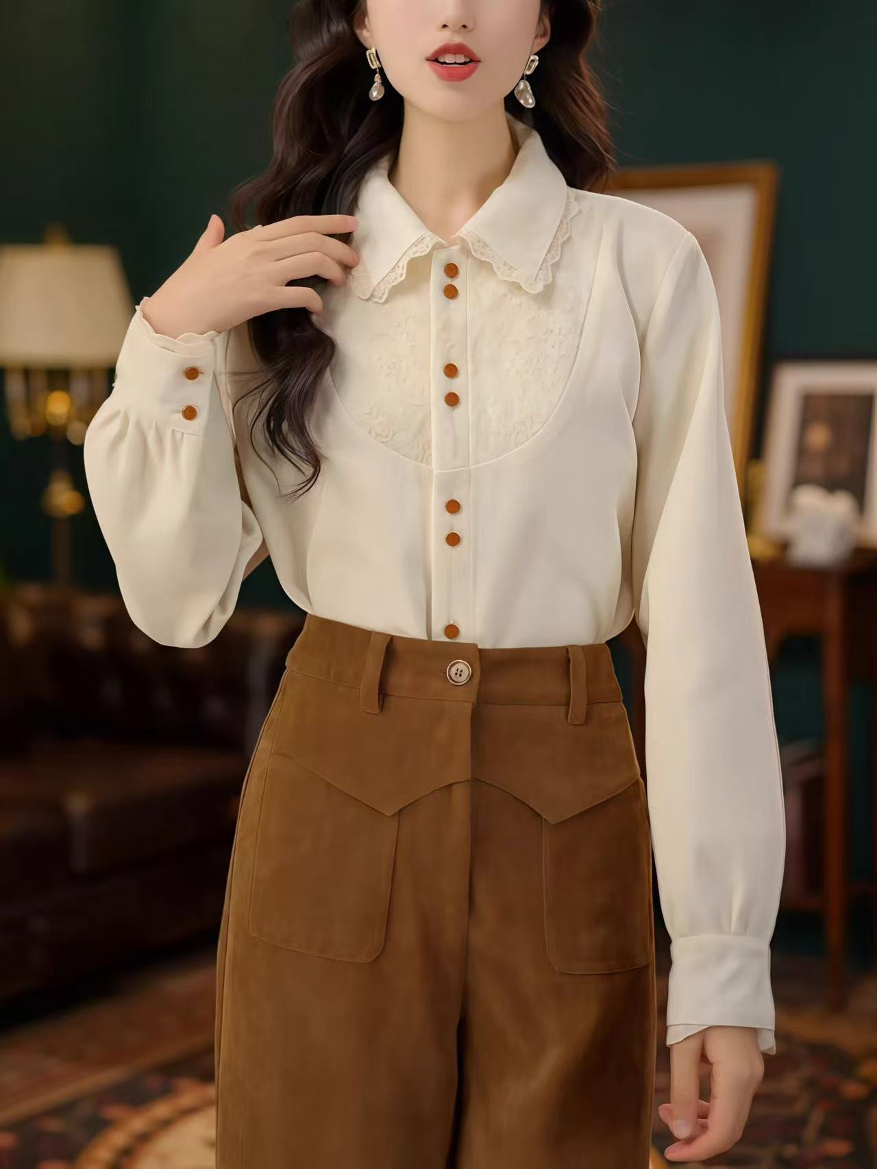 【777】港风设计感翻领衬衫温柔女秋冬加厚内搭长袖通勤百搭上衣