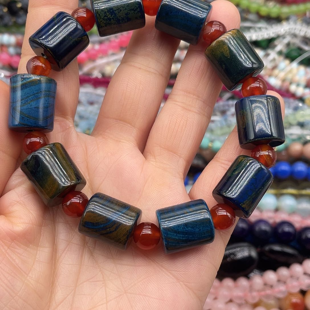 玛瑙/玉髓珠宝半成品未镶嵌蓝金玛瑙桶珠约14-15mm单颗