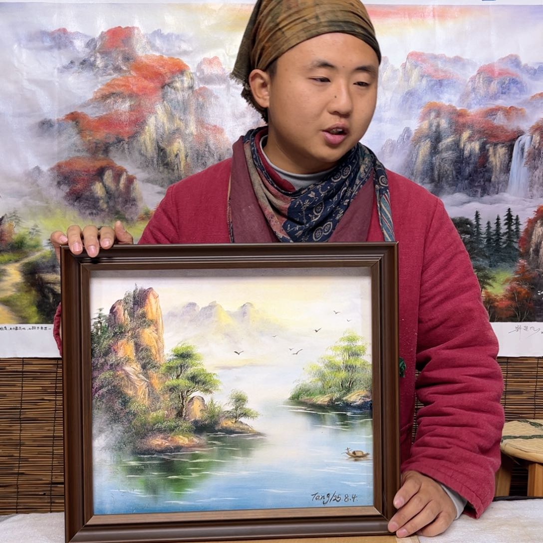 油画行路人小院东来