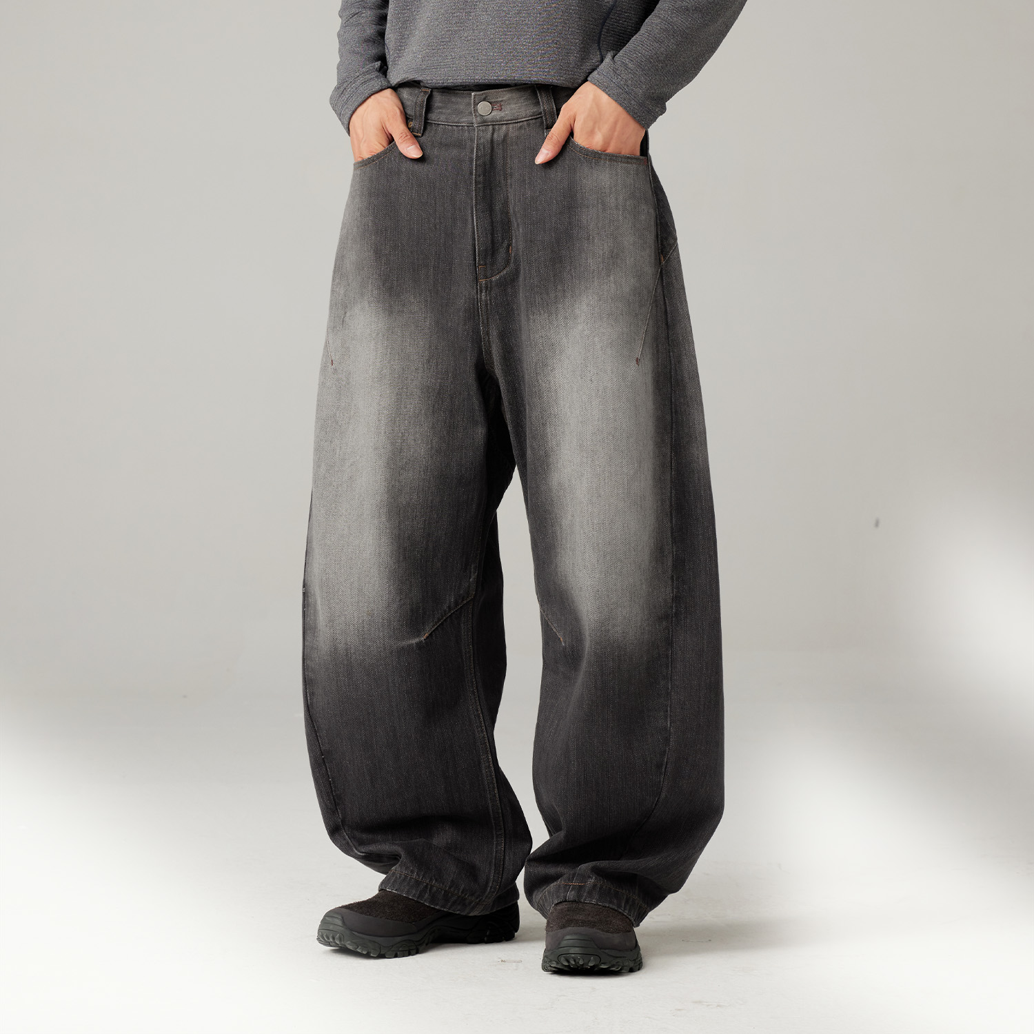 蓝岐BLUE MONTE水洗套色结构阔腿休闲牛仔裤复古做旧直筒弯刀裤男