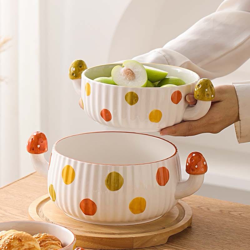 新疆包邮发货双耳波点蘑菇汤盆手绘釉下彩陶瓷碗少女心汤碗