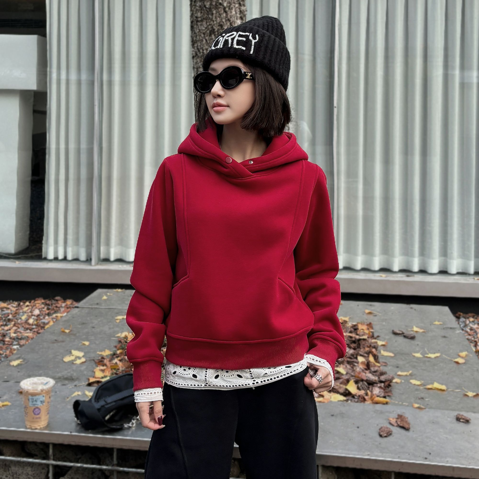 【一粒扣】只出不进，加绒正肩隐形口袋时尚短款连帽秋冬卫衣女C136