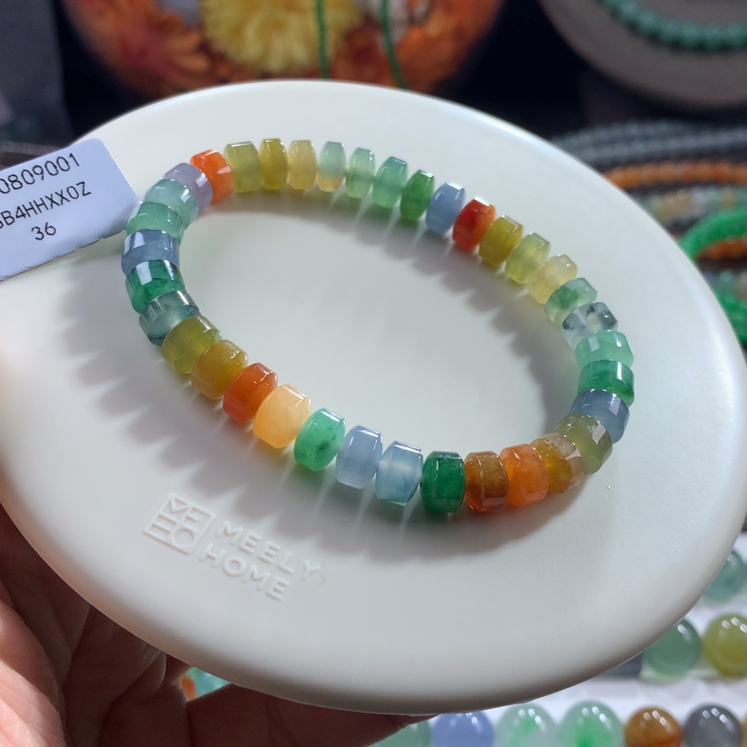 翡翠未镶嵌手链冰浓彩多巴胺彩虹桶珠卡7.4~7.5