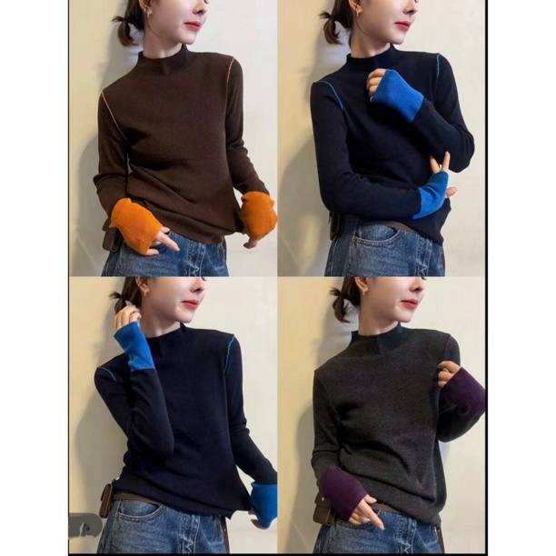 2025气质冬季设拼接撞色线条洋气百搭修身显瘦打底衫德绒保暖T恤