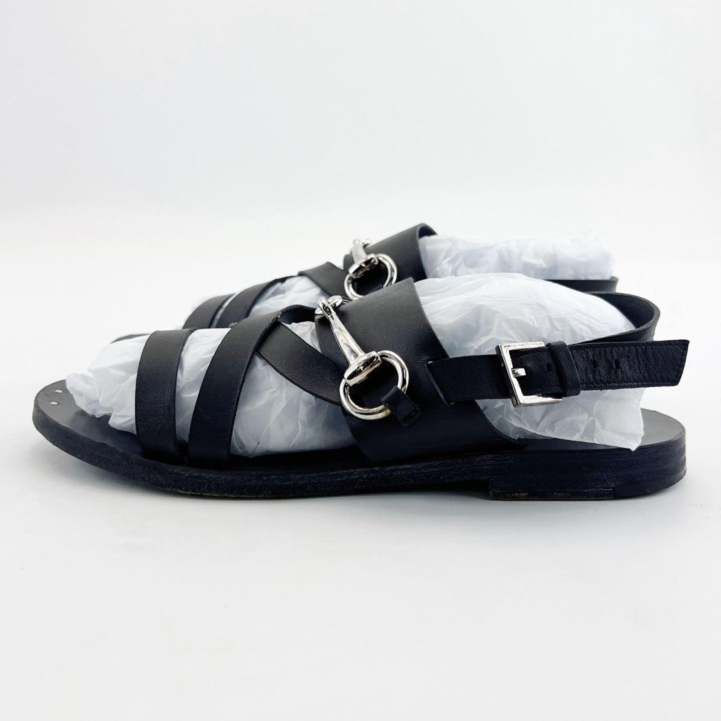 95新 GUCCI/古驰 37码/黑色金属双G搭扣平底凉鞋/18166869