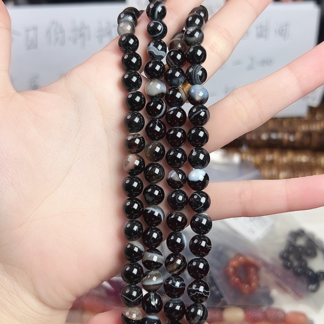 玛瑙/玉髓合金珠宝半成品h684 8m 黑色蚕丝玛瑙一条