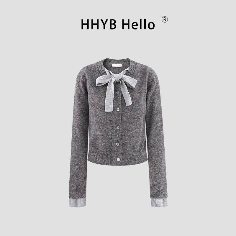 HHYB Hello秋冬新款慵懒风宽松蝴蝶结假两件毛针织开衫外套M1515