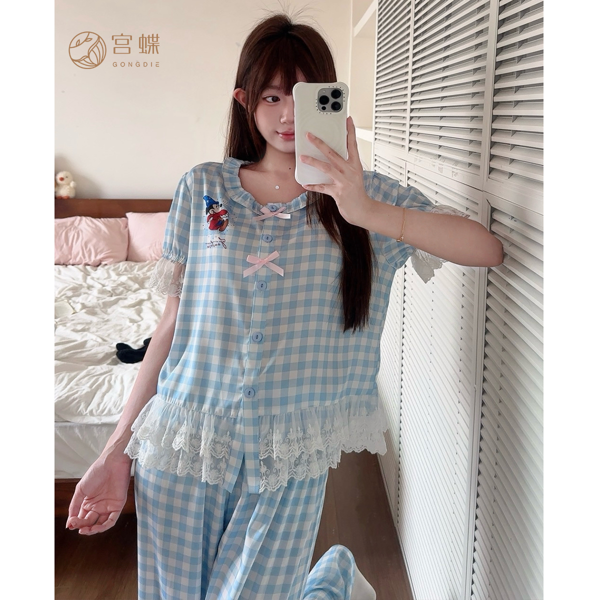 宫蝶【3件套礼盒装】迪士尼米奇少女睡衣冰丝短袖蕾丝外穿家居服夏