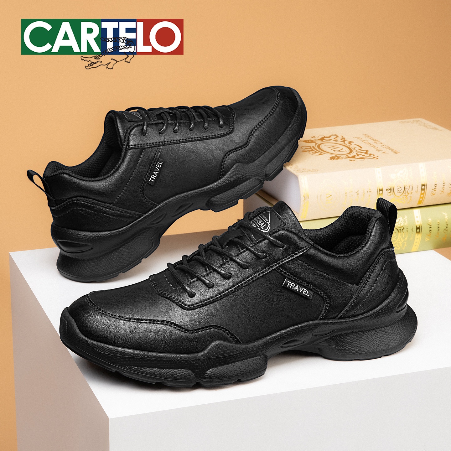 卡帝乐鳄鱼秋冬季简约素面增高软底男鞋时尚轻便户外休闲运动皮鞋