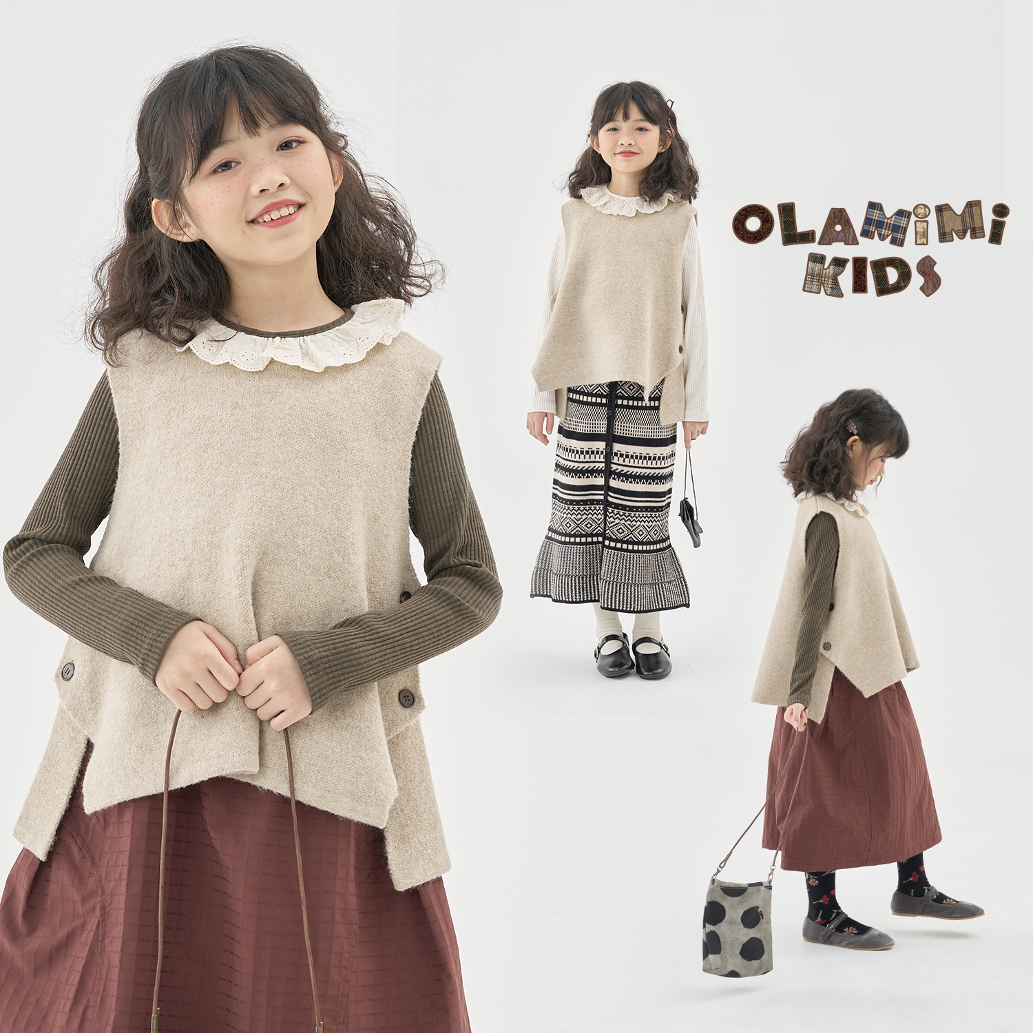 OLAMIMI定制2025春 亲子针织学院风不规则开衩坎肩背心毛衣马甲