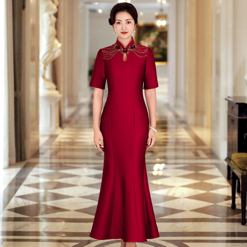 喜婆婆婚宴装新中式改良旗袍时尚钉珠喜妈妈参加婚礼鱼尾长裙